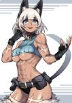  1girl abs animal_ears belt belt_pouch black_gloves blue_eyes bob_cut breasts cat_ears cat_tail contrapposto dark_skin fingerless_gloves foam_(awa) gloves highres large_breasts looking_ahead ms._fortune_(skullgirls) muscular pouch scar short_hair simple_background skullgirls solo tail thighhighs toned underboob white_hair 