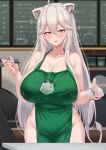  1girl ahoge animal_ears apron blurry blurry_background breasts collarbone cream_cod cup fangs green_apron grey_eyes hair_between_eyes highres holding holding_cup holding_marker hololive large_breasts lion_ears lion_girl lion_tail long_hair looking_at_viewer marker naked_apron parted_lips shishiro_botan smile solo tail virtual_youtuber white_hair 