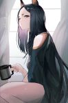  1girl absurdres animal_ears arknights bare_shoulders black_hair black_shirt breasts brown_eyes coffee_mug cup curtains dobermann_(arknights) dog_ears forehead from_side highres hiyaori_(hiyahiyaval) holding holding_cup indoors long_hair looking_at_viewer looking_to_the_side medium_breasts mug off_shoulder one_eye_closed parted_lips shirt sitting solo thighs very_long_hair window 