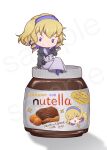  1girl bangs blonde_hair blue_eyes blue_hairband chibi commission constance_von_nuvelle fire_emblem fire_emblem:_three_houses grey_shirt grey_skirt hairband hand_fan highres holding holding_fan juliet_sleeves long_skirt long_sleeves looking_at_viewer nutella puffy_sleeves shadow shirt short_hair simple_background sitting skirt smile smkittykat solo white_background 
