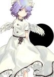  1girl absurdres angel_wings arms_behind_back black_ribbon black_sash blue_eyes bow breasts buttons closed_mouth commentary_request dress expressionless feathered_wings frilled_dress frilled_sleeves frills hair_bow highres light_blue_hair mai_(touhou) neck_ribbon puffy_short_sleeves puffy_sleeves ribbon sash short_hair short_sleeves small_breasts solo touhou touhou_(pc-98) user_ymad5434 wavy_hair white_bow white_dress white_wings wings 