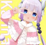  1girl :o absurdres bangs blue_eyes blunt_bangs blush capelet center_frills character_name cotton_kanzaki curled_horns female_child frills head_tilt highres horns kanna_kamui kobayashi-san_chi_no_maidragon light_purple_hair multiple_horns slit_pupils solo twintails upper_body v white_capelet 