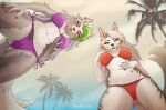  2022 5_fingers anthro bikini bikini_bottom bikini_top black_nose breasts butt_from_the_front camel_toe canid canid_demon canine canis claws clothed clothing demon digital_media_(artwork) duo ear_piercing ear_ring female finger_claws fingers five_nights_at_freddy&#039;s five_nights_at_freddy&#039;s:_security_breach fur green_highlights grey_body grey_fur hair hand_on_breast hand_on_own_breast hand_on_own_stomach hand_on_stomach hellhound helluva_boss highlights_(coloring) humanoid_hands looking_at_viewer looking_down looking_down_at_viewer looming loona_(helluva_boss) low-angle_view mammal multicolored_body multicolored_fur navel outside overcast palm_tree piercing plant playful purple_bikini purple_clothing purple_swimwear red_bikini red_sclera roxanne_wolf_(fnaf) scottgames shelly_tar signature silver_hair sky smile string_bikini swimwear tongue tongue_out tree two_tone_body two_tone_fur video_games white_body white_eyes white_fur wolf worm&#039;s-eye_view yellow_eyes 