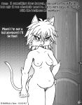  2016 anthro belly breasts comic domestic_cat door english_text felid feline felis female hair hi_res if_hell_had_a_taste mammal marci_hetson monochrome navel nipples nude open_mouth overweight overweight_anthro overweight_female solo text viroveteruscy 