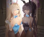  2girls :o animal_ears arm_behind_back arms_behind_back asuna_(blue_archive) asuna_(bunny)_(blue_archive) bangs bare_arms bare_shoulders black_hair black_leotard blue_archive blue_bow blue_bowtie blue_eyes blue_leotard blue_ribbon blush bow bowtie breast_press breasts brown_legwear cleavage cowboy_shot dark-skinned_female dark_skin detached_collar eyebrows_visible_through_hair fake_animal_ears fake_tail fishnet_legwear fishnets gloves hair_over_one_eye halo highres karin_(blue_archive) karin_(bunny)_(blue_archive) large_breasts leotard light_brown_hair mixed-language_commentary mole mole_on_breast multiple_girls open_mouth pantyhose playboy_bunny ponytail rabbit_ears rabbit_tail ribbon sidelocks smile strapless strapless_leotard tail thighband_pantyhose uo_illust white_gloves yellow_eyes 