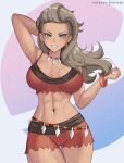  1girl abs absurdres aqua_eyes arm_up armpits bare_arms bare_shoulders blush bracelet breasts cameltoe cleavage commentary cowboy_shot earrings english_commentary grey_hair hand_up highres hioyami jewelry large_breasts long_hair looking_at_viewer parted_lips patreon_username pokemon pokemon_(game) pokemon_sv red_shorts sada_(pokemon) shorts sleeveless smile solo 
