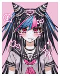  1girl bangs black_hair black_sailor_collar blue_hair blush border danganronpa_(series) danganronpa_2:_goodbye_despair ear_piercing eyebrows_visible_through_hair grey_shirt hair_horns long_hair looking_at_viewer mioda_ibuki multicolored_hair neckerchief piercing pink_background pink_eyes pink_hair pink_neckerchief sailor_collar school_uniform serafuku shirt short_sleeves sionronpa smile solo white_border white_hair 