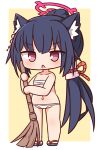  1girl animal_ear_fluff animal_ears bangs bare_arms bare_shoulders black_footwear black_hair blue_archive blush broom brown_background chibi eyebrows_visible_through_hair full_body groin halo hana_kazari highres holding holding_broom long_hair looking_at_viewer navel open_mouth panties ponytail purple_eyes sarashi serika_(blue_archive) solo standing two-tone_background underwear very_long_hair white_background white_panties zouri 