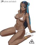  1girl artist_logo bare_shoulders bikini black_hair blue_hair blue_nails breasts closed_mouth commentary dark-skinned_female dark_skin donburi_(donburikazoku) ear_piercing earrings groin high_heels highres hoop_earrings jewelry large_breasts long_hair looking_at_viewer micro_bikini multicolored_hair nail_polish navel navel_piercing nessa_(pokemon) patreon_logo patreon_username piercing pokemon pokemon_(game) pokemon_swsh shiny shiny_hair simple_background sitting solo strap_gap string_bikini swimsuit thighs two-tone_hair underboob wariza web_address white_bikini white_footwear 