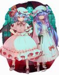  2girls bat_wings blue_bow blue_hair blush bow crescent dress eyebrows_visible_through_hair hat hat_ribbon jewelry long_hair looking_at_viewer mob_cap multiple_girls patchouli_knowledge puffy_sleeves purple_eyes purple_hair red_bow red_eyes red_ribbon remilia_scarlet ribbon shoes short_hair smile socks standing syuri22 touhou wings 