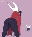  absurd_res big_butt butt clothed clothing english_text female hi_res holding_melee_weapon hollow_knight hornet_(hollow_knight) larger_female no_underwear size_difference team_cherry text vessel_(species) video_games virito 
