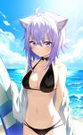  1girl absurdres ahoge animal_ear_fluff animal_ears beach bikini black_bikini blush breasts cat_ears cat_girl cleavage cloud commentary_request cowboy_shot day halterneck highres hololive jjetotwt looking_at_viewer medium_breasts navel nekomata_okayu ocean outdoors purple_eyes purple_hair short_hair sky solo surfboard swimsuit towel virtual_youtuber white_towel 