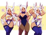  1girl alternate_costume anger_vein animal_ears bangs blushy-pixy boku_no_hero_academia bow bowtie breasts cleavage commentary_request dark-skinned_female dark_skin large_breasts leotard long_hair looking_at_viewer mirko muscular muscular_female notice_lines pantyhose rabbit_ears rabbit_girl rabbit_tail red_eyes tail thighhighs torn_clothes torn_legwear white_hair 