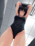  1girl amagami armpits arms_up bangs black_hair black_swimsuit blue_swimsuit blush breasts brown_eyes ceiling ceiling_light clothes_lift commentary competition_swimsuit covered_navel cowboy_shot fluorescent_lamp foreshortening from_below grey_sweater_vest groin highres hip_bones lifted_by_self light_particles light_smile locker locker_room looking_at_viewer looking_down medium_breasts nanasaki_ai nose_blush one-piece_swimsuit raised_eyebrows shirt short_hair smile solo sweater sweater_lift sweater_vest swimsuit thighs two-tone_swimsuit undressing uniform wet wet_clothes wet_shirt wet_swimsuit yoo_tenchi 