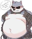  2022 absurd_res anthro belly big_belly blush canid canine clothed clothing clothing_lift english_text eyewear hi_res humanoid_hands jamiephut kemono male mammal moobs navel nipples overweight overweight_male scar shirt shirt_lift simple_background solo sunglasses text topwear 