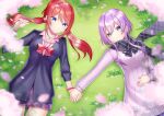  2girls asakura_hinata_(ayahina) ayahina_channel blue_eyes bow bowtie cardigan grass highres hiiragi_ayaka_(ayahina) holding_hands jewelry long_hair loose_bowtie lying multiple_girls necklace pleated_skirt purple_eyes purple_hair red_hair scarf school_uniform short_hair_with_long_locks skirt smile sweater sweater_vest twintails virtual_youtuber 