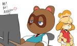 &lt;3 accessory animal_crossing anthro being_watched blonde_hair blue_eyes canid canine clothing computer disgust duo female floppy_ears hair hair_accessory half-closed_eyes hi_res holding_object isabelle_(animal_crossing) justdavefnd looking_at_another looking_at_porn male mammal moan narrowed_eyes nintendo pornography procyonid raccoon simple_background sitting tom_nook_(animal_crossing) video_games white_background 