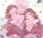  1boy 2girls :d alluka_zoldyck bangs black_hair blunt_bangs blush brother_and_sister commentary_request dual_persona eyebrows_visible_through_hair facing_viewer falling_petals girl_sandwich group_hug hairband hakama hakama_skirt happy hollow_eyes hug hunter_x_hunter japanese_clothes killua_zoldyck long_hair long_sleeves messy_hair multi-tied_hair multiple_girls open_mouth petals purple_shirt rice_(rice8p) sandwiched shirt short_hair siblings skirt smile spiked_hair white_hair wide_sleeves 