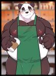  2022 anthro apron belly big_belly black_body black_nose blush bulge clothing giant_panda hi_res humanoid_hands male mammal moobs nipples overweight overweight_male scar seintaur solo ursid white_body 