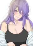  1girl absurdres bangs black_tank_top blonde_hair blush breasts byeon cleavage closed_mouth gradient_eyes hair_between_eyes highres hololive hololive_indonesia large_breasts long_hair looking_at_viewer moona_hoshinova multicolored_eyes multicolored_hair off_shoulder purple_eyes purple_hair shirt smile starry_hair tank_top two-tone_hair upper_body 