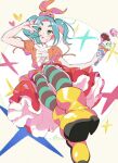  1girl :o aqua_hair artist_name black_legwear blush boots commentary dress food food_on_face foreshortening full_body green_legwear greened hat heart highres hikimayu holding holding_food holding_ice_cream horizontal_stripes ice_cream ice_cream_cone monogatari_(series) ononoki_yotsugi open_mouth orange_dress orange_headwear parted_hair rubber_boots screentones short_eyebrows signature solo sparkle striped striped_legwear tanaka_(colorcorn) texture thick_eyebrows thighhighs v v_over_eye white_background yellow_background yellow_footwear 