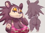  animal_crossing anthro apron apron_only big_breasts big_butt breasts brown_body brown_fur butt cleavage clothed clothing eulipotyphlan female fur hedgehog kiseff looking_at_viewer mammal mostly_nude narrowed_eyes nintendo sable_able simple_background solo video_games 
