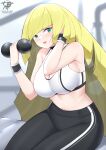  1girl absurdres alternate_costume blonde_hair breasts cleavage exercise green_eyes highres kaos_art large_breasts lifting long_hair lusamine_(pokemon) navel open_mouth pokemon pokemon_(game) pokemon_sm solo very_long_hair 