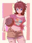  1girl ball bandaid_on_thigh bangs basketball blue_eyes blush bra_strap breasts brown_shorts carrying carrying_under_arm clothes_writing cowboy_shot eyebrows_visible_through_hair floral_print kajino_(aosansai) koshigaya_natsumi looking_at_viewer medium_hair midriff navel non_non_biyori pink_shirt red_hair shirt short_sleeves shorts small_breasts smile solo standing tied_shirt 