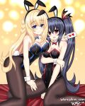  2girls absurdres animal_ears bare_shoulders black_hair black_legwear black_leotard blonde_hair blue_eyes blush braid breasts card cleavage closed_mouth english_commentary eyebrows_visible_through_hair fake_animal_ears fake_tail feet_out_of_frame hair_between_eyes hair_ornament highres holding holding_card large_breasts leotard long_hair looking_at_viewer medium_breasts multiple_girls neptune_(series) noire_(neptune_series) open_mouth pantyhose playboy_bunny rabbit_ears rabbit_tail red_eyes smile strapless strapless_leotard tail twintails vert_(neptune_series) very_long_hair web_address weresdrim wrist_cuffs 