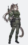  1girl absurdres ammunition_belt ammunition_pouch animal_ears astra_militarum bangs bedroll blue_eyes brown_hair bulletproof_vest echj gloves gun handgun highres horse_ears horse_girl lasgun long_hair military military_uniform pistol pouch rifle smile soldier tail uniform warhammer_40k weapon weapon_on_back white_background 