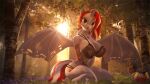  3d_(artwork) absurd_res bat_pony big_breasts breasts cleavage clothed clothing cutie_mark digital_media_(artwork) equid equine fan_character forest hair hasbro hi_res horn huge_filesize hybrid jewelry kneeling looking_at_viewer lovers_(oc) loveslove mammal membrane_(anatomy) membranous_wings multicolored_hair my_little_pony necklace panties plant red_eyes red_hair smile sun tattoo tree two_tone_hair underwear white_hair winged_unicorn wings 