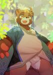  2022 absurd_res anthro asian_clothing biped black_nose brown_body bulge canid canine clothing east_asian_clothing fundoshi hi_res japanese_clothing kemono male mammal mrshu overweight overweight_male raccoon_dog solo tanuki underwear white_clothing white_fundoshi white_underwear 