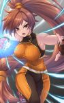  1girl bare_shoulders bodysuit breasts brown_eyes brown_hair dnf_duel dungeon_and_fighter fighter_(dungeon_and_fighter) framed_breasts gloves highres incoming_attack long_hair low-tied_long_hair muscular muscular_female ponytail striker_(dungeon_and_fighter) waa!_okami 