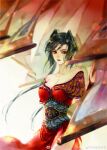  1girl banner bare_shoulders black_hair che_li chi_lian_(qin_shi_ming_yue) dress hair_ornament highres long_hair looking_at_viewer qin_shi_ming_yue red_dress sash short_sleeves smile solo upper_body white_background 