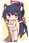  1girl animal_ear_fluff animal_ears bangs bare_arms bare_shoulders black_footwear black_hair blue_archive blush broom brown_background chibi closed_mouth eyebrows_visible_through_hair full_body groin halo hana_kazari highres holding holding_broom long_hair looking_at_viewer navel panties ponytail purple_eyes sarashi serika_(blue_archive) solo standing two-tone_background underwear very_long_hair white_background white_panties zouri 