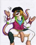  anthro big_penis clothing genitals hat headgear headwear hi_res hoodie laugh looking_at_viewer male mammal mouse murid murine penis rodent rotten_owl simple_background solo topwear traditional_media_(artwork) 