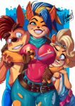  activision anthro big_breasts blush breast_squish breasts clothing coco_bandicoot crash_bandicoot crash_bandicoot_(series) embrace female female/female fur grin group hi_res hug lips lipstick looking_at_breasts lukex8 makeup male pirate_tawna smile squeezing squish thick_thighs tight_clothing trio video_games 