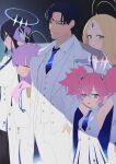  1boy 4girls absurdres ahoge armpits arms_up ayumu_(blue_archive) bangs black_hair blonde_hair blue_archive blue_eyes blue_necktie collared_dress dorontabi dress forehead_jewel formal glasses halo highres horns kaya_(blue_archive) looking_at_viewer momoka_(blue_archive) multiple_girls necktie parted_bangs pink_hair rin_(blue_archive) sensei_(blue_archive) sleeveless sleeveless_dress smile suit two-tone_dress white_dress white_suit yellow_eyes 