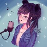  1girl :d animal_ears artist_name black_hair blue_jacket brown_eyes collarbone commentary cropped_torso eighth_note english_commentary glasses jacket kobutanori lilypichu long_hair microphone musical_note offlinetv open_clothes open_jacket ponytail shirt smile solo upper_body white_shirt 