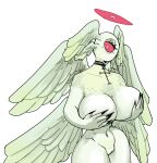  1_eye absurd_res angel anthro biblically_accurate_angel big_breasts blush breast_grab breasts claws cross edit female fur genitals halo hand_on_breast hi_res horniel_(thouartphi) multi_wing nude plastikcherub pussy red_eyes simple_background solo white_body white_fur wings 