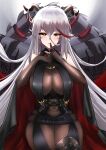  1girl absurdly_long_hair absurdres aegir_(azur_lane) asymmetrical_footwear azur_lane black_cape black_skirt bodystocking boots breast_curtains breasts brown_gloves cape covered_navel cross cross-laced_clothes demon_horns elbow_gloves febicoron finger_to_mouth gloves hair_between_eyes hair_on_horn highres horns iron_cross knee_boots large_breasts long_hair looking_at_viewer microskirt multicolored_hair red_hair robot_animal shiny shiny_clothes single_knee_boot skirt solo streaked_hair two-tone_hair underbust uneven_footwear very_long_hair white_hair yellow_eyes 