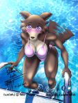  2022 5_fingers absurd_res anthro beastars big_breasts bikini bikini_bottom bikini_top black_nose blue_eyes blush breasts brown_body brown_fur canid canine canis claws cleavage clothed clothing feet_in_water female finger_claws fingers fur hi_res humanoid_hands juno_(beastars) looking_at_viewer mammal multicolored_body multicolored_fur signature solo swimming_pool swimwear tail_motion tailwag taka_studio tan_body tan_fur two_tone_body two_tone_fur water wolf 