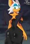  absurd_res anthro background_sky big_butt big_ears black_clothing black_dress blue_eyelids breasts butt chiropteran clothing cloud dress eyelashes female fur green_eyes hi_res joltrex looking_back mammal orange_body rear_view rouge_the_bat sega signature sky solo sonic_the_hedgehog_(series) star starry_sky white_body white_fur wings 