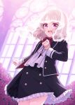  1girl black_skirt blazer blonde_hair bow bowtie bridal_veil button_up_skirt buttons church cross diabolik_lovers flower frills hair_flower hair_ornament happy highres holding holding_cross jacket jewelry komori_yui layered_skirt momojiri_aya open_mouth pink_eyes ring rose_bush school_uniform skirt smile stained_glass veil wedding_band 