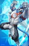  amonsyd anthro bandai_namco biceps canid canine canis championship_belt claws digimon digimon_(species) eyewear hi_res jetpach machgaogamon male mammal mecha_fist muscular muscular_anthro muscular_male scar solo sunglasses wolf 