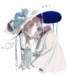  1boy blue_bow blue_flower bow brown_hair cape collared_cape commentary_request downer_witch_(vocaloid) dripping flower gold_trim hair_bow hat hat_bow hat_flower hi_(n_e_t) kanae_(nijisanji) long_hair long_sleeves looking_at_viewer low_ponytail nijisanji purple_bow shirt solo two-sided_fabric two-sided_headwear virtual_youtuber white_cape white_shirt witch_hat 