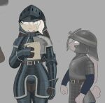  2022 ambiguous_gender anthro armor belt biped blonde_hair blue_eyes breastplate buckteeth clothed clothing duo fur gauntlets gloves grey_background grey_body grey_eyes grey_fur hair handwear headgear helmet hi_res holding_object lagomorph landylyn_(yitexity) leporid mammal paper pauldron rabbit simple_background standing teeth white_body white_fur yitexity 