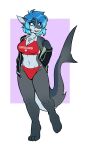  2022 4_toes 5_fingers ambris anthro blue_eyes blue_hair breasts cleavage clothed clothing erika_(ambris) feet female fingers fish hair hi_res lifeguard marine midriff navel non-mammal_breasts open_mouth open_smile shark sharp_teeth short_hair smile solo teeth text text_on_clothing toes whistle 