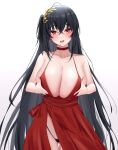  1girl absurdres ahoge ass_visible_through_thighs asymmetrical_hair azur_lane bangs black_hair black_panties blush breast_squeeze breasts choker cleavage collarbone commentary cowboy_shot crossed_bangs dress drooling eyebrows_visible_through_hair gradient gradient_background grey_background hair_between_eyes hair_ornament highres huge_breasts kirin3145 licking_lips long_hair looking_at_viewer micro_panties official_alternate_costume panties parted_lips red_choker red_dress red_eyes saliva side_ponytail simple_background sleeveless sleeveless_dress solo spaghetti_strap standing taihou_(azur_lane) taihou_(forbidden_feast)_(azur_lane) thigh_gap tongue tongue_out underwear very_long_hair white_background 