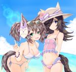  2girls animal_ears bending breasts collarbone eyewear_on_head fang green_eyes hat horse_ears horse_girl horse_tail inari_one_(umamusume) large_breasts long_hair mask multiple_girls navel open_mouth purple_eyes r0g0b0 rice_shower_(umamusume) small_breasts smile straw_hat sunglasses swimsuit tail twintails umamusume 
